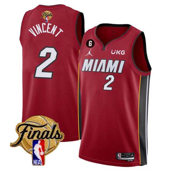 Men's Miami Heat #2 Gabe Vincent Red 2023 Finals Statement Edition With NO.6 Patch Stitched Basketball Jersey Dzhi